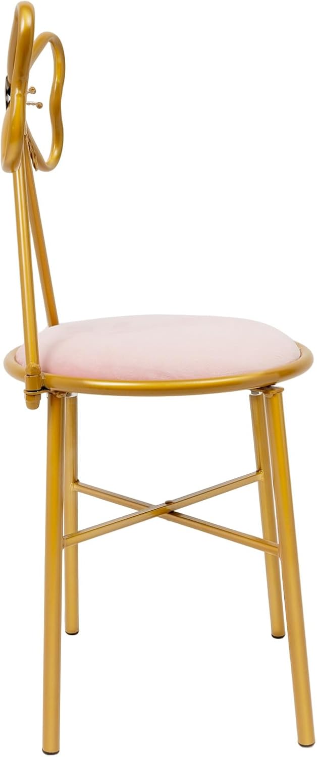 Silla de maquillaje de mariposa rosa, cojín de terciopelo con marco de metal dorado profundo, silla de descanso con respaldo de lazo y cojín de