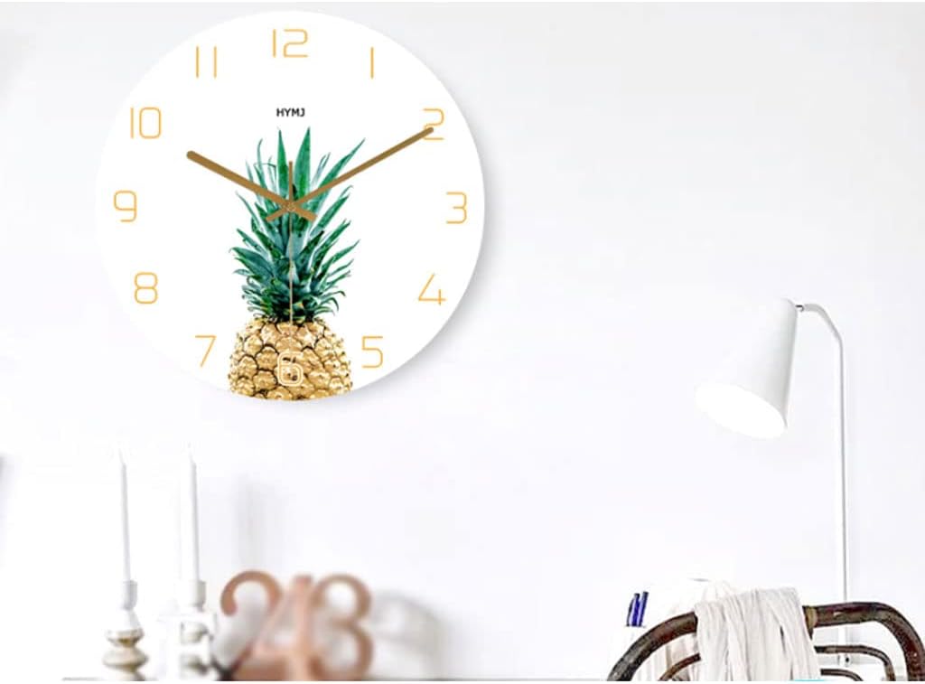 Reloj de pared Reloj de pared de piña verde y amarilla sobre blanco, funciona con pilas, sin tictac, reloj redondo silencioso para cocina, sala de