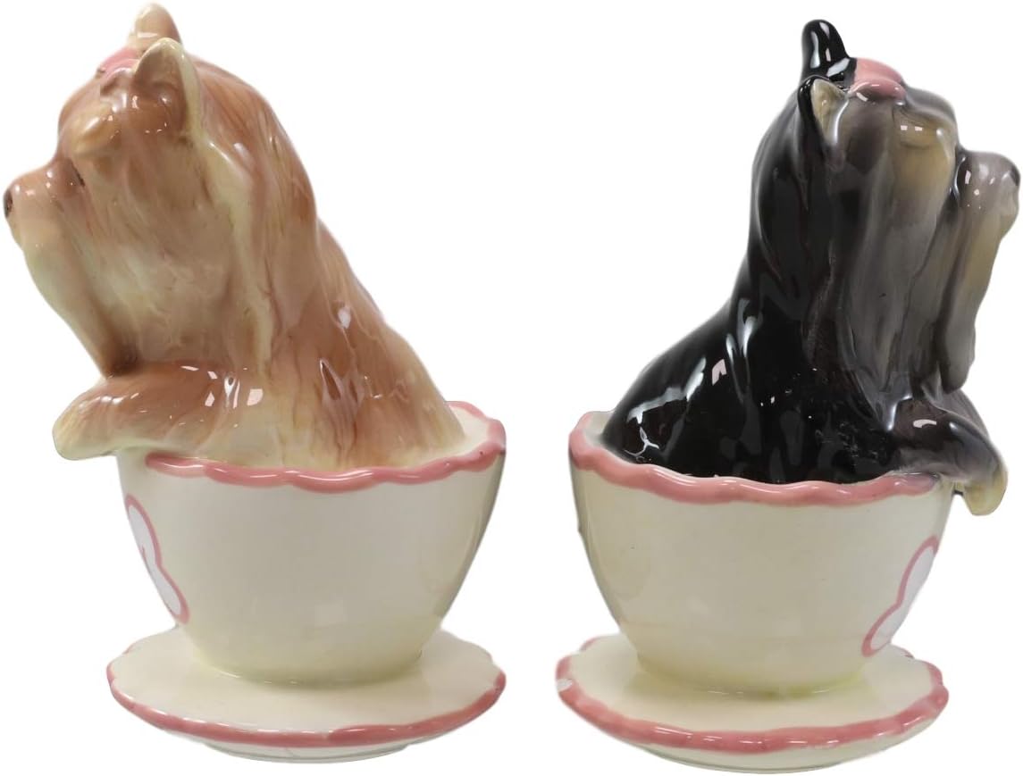Ebros – Juego de salero y pimentero de cerámica de Yorkshire Terriers Yorkie de cerámica con tazas de té, juego de salero y pimentero, figuras de