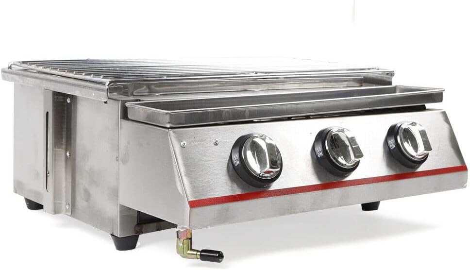 Xuthusman Parrilla de gas sin humo al aire libre de 3 quemadores BBQ Cocina de mesa comercial Escudo de acero inoxidable