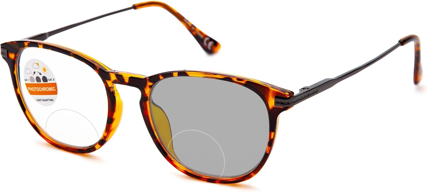 LianSan Gafas de lectura bifocales fotocromáticas para mujeres y hombres, lectores redondos de borde completo TR90 prémium