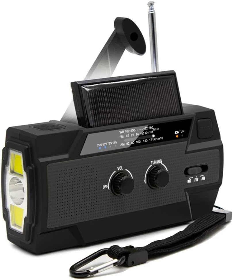 Radio multifuncional manivela solar manivela dinamo accionado AMFMradio meteorológica con luces LED 4000MAh