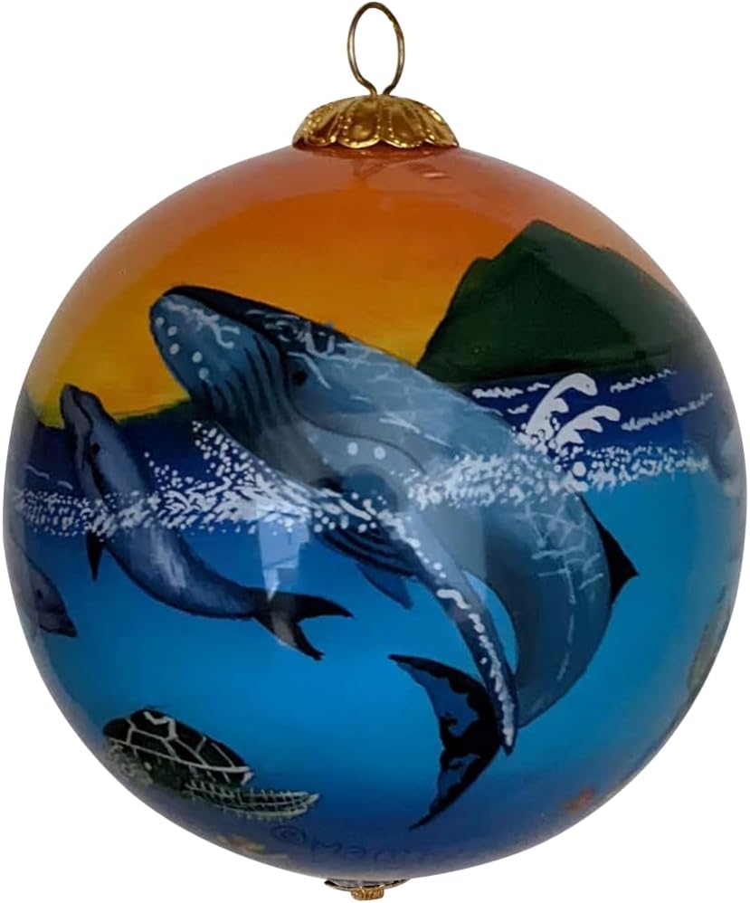 Adorno coleccionable de ballenas jorobadas hawaianas Maui vidrio pintado a mano con caja de regalo HWM