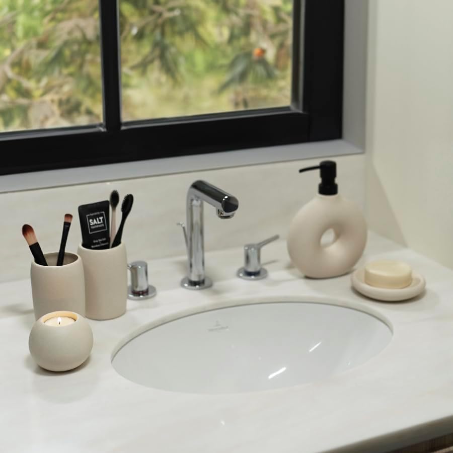 Juego de accesorios de baño de cerámica, 5 piezas, incluye dispensador de jabón, taza para cepillo de dientes, soporte para cepillos de dientes,