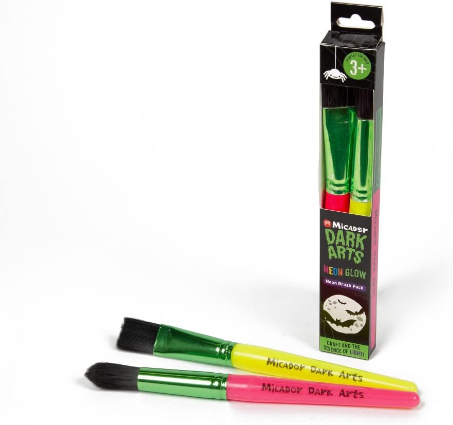 Micador Dark Arts – Paquete de 2 pinceles de neón con mango de neón, brilla bajo la luz negra, plano + redondo, uso con témpera + acuarela, a partir