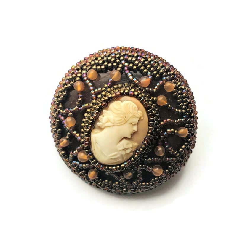 Victorian Genuine Cameo Brooch Embroidered OOAK Beadwoven Coffee Mocha Bronze Ladies of Style Gift