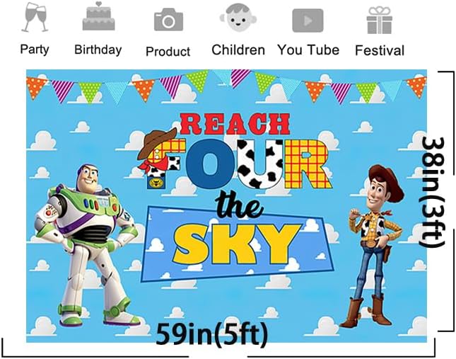 Telón de fondo Reach Four The Sky para fiesta de 4 cumpleaños, cielo azul, nubes blancas, fondos para fotos, tema de cumpleaños, cartel de baby