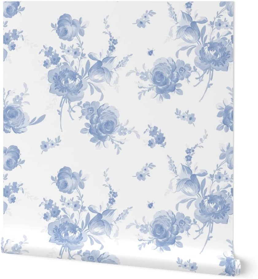 Spoonflower Muestro de papel tapiz removible – Romántico Floral Azul Blanco Shabby Chic Flores Primavera Desvanecido Papel pintado personalizado
