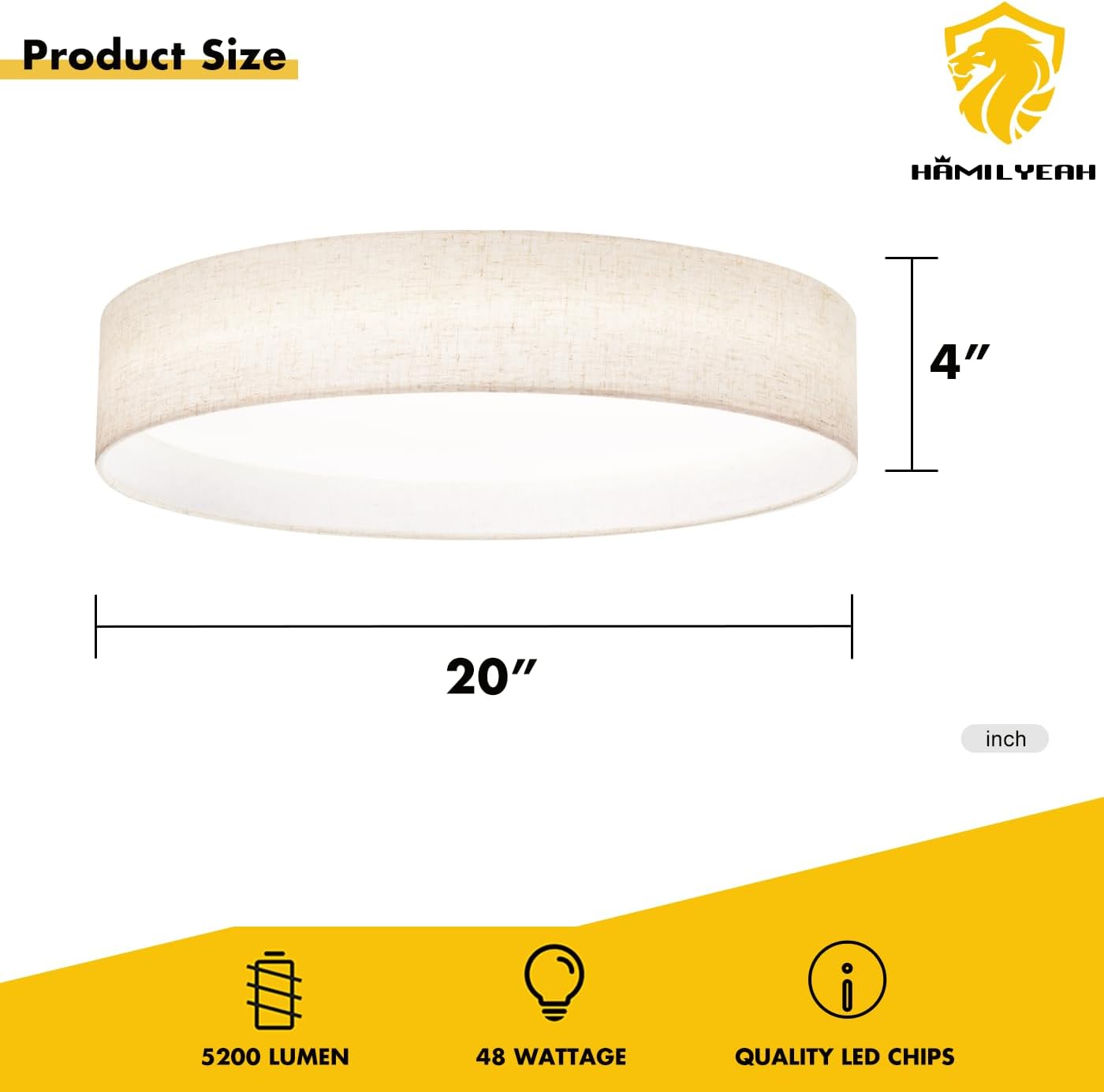 Hamilyeah Lámpara de techo de montaje empotrado de 20 pulgadas, regulable, luz de techo de 48 W con pantalla de tela, luz diurna de 5000 K, lámpara