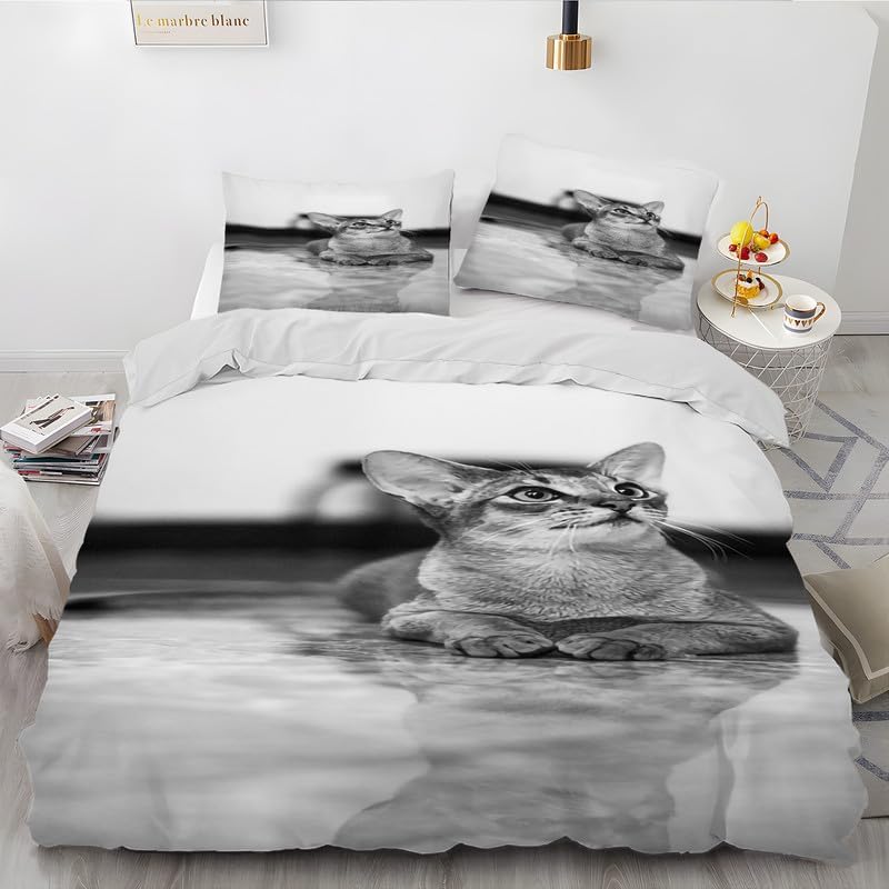 Light Gray Cat Duvet Cover Full Animal Print Bedding Sets Full Soft Microfiber Comforter Cover and 2 Pillow Shams 20″X26″, Bed Set Duvet Covers with