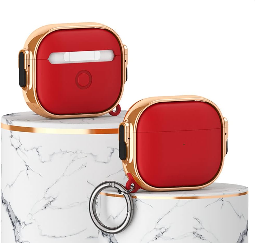 MiRUSI Funda para Airpods Pro de 2 generación con doble interruptor chapado en piel con mosquetón que absorbe los golpes (rojo)