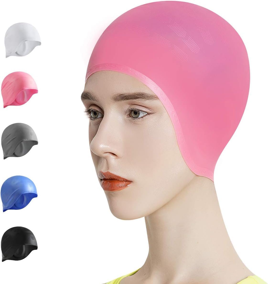 Okela Gorro de natación de silicona para mujeres y hombres, cómodo gorro de baño largo, con bordes reforzados, diseño a prueba de desgarros,