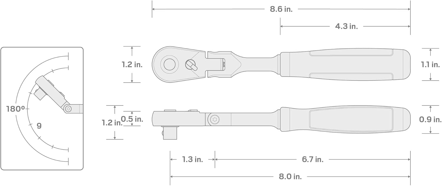 TEKTON Trinquete de agarre cómodo de liberación rápida con cabezal flexible de 38 pulgadas x 8 pulgadas  SRH32108