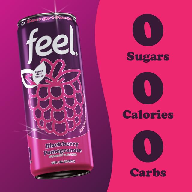 FEEL Zero Sugar – Bebidas energéticas naturales, granada de mora espumosa, bebidas energéticas saludables, L-teanina para la concentración, vitamina