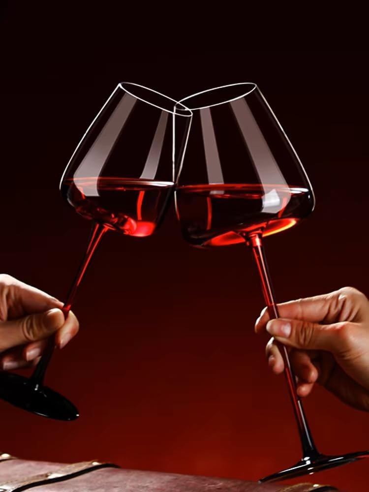 KOWLOON Copa de vino tinto burdeos de fondo cóncavo,Copa de vino de cristal grande de fondo rojo soplado a mano maestra,Cristalería de mango largo