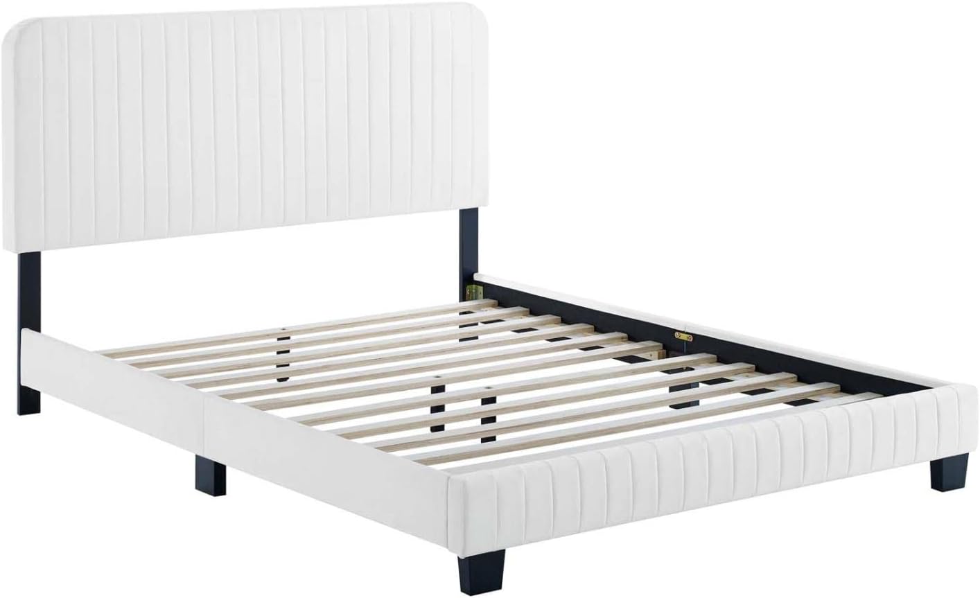 Modway Celine Channel – Cama con plataforma de terciopelo copetudo, tamaño Queen, color blanco
