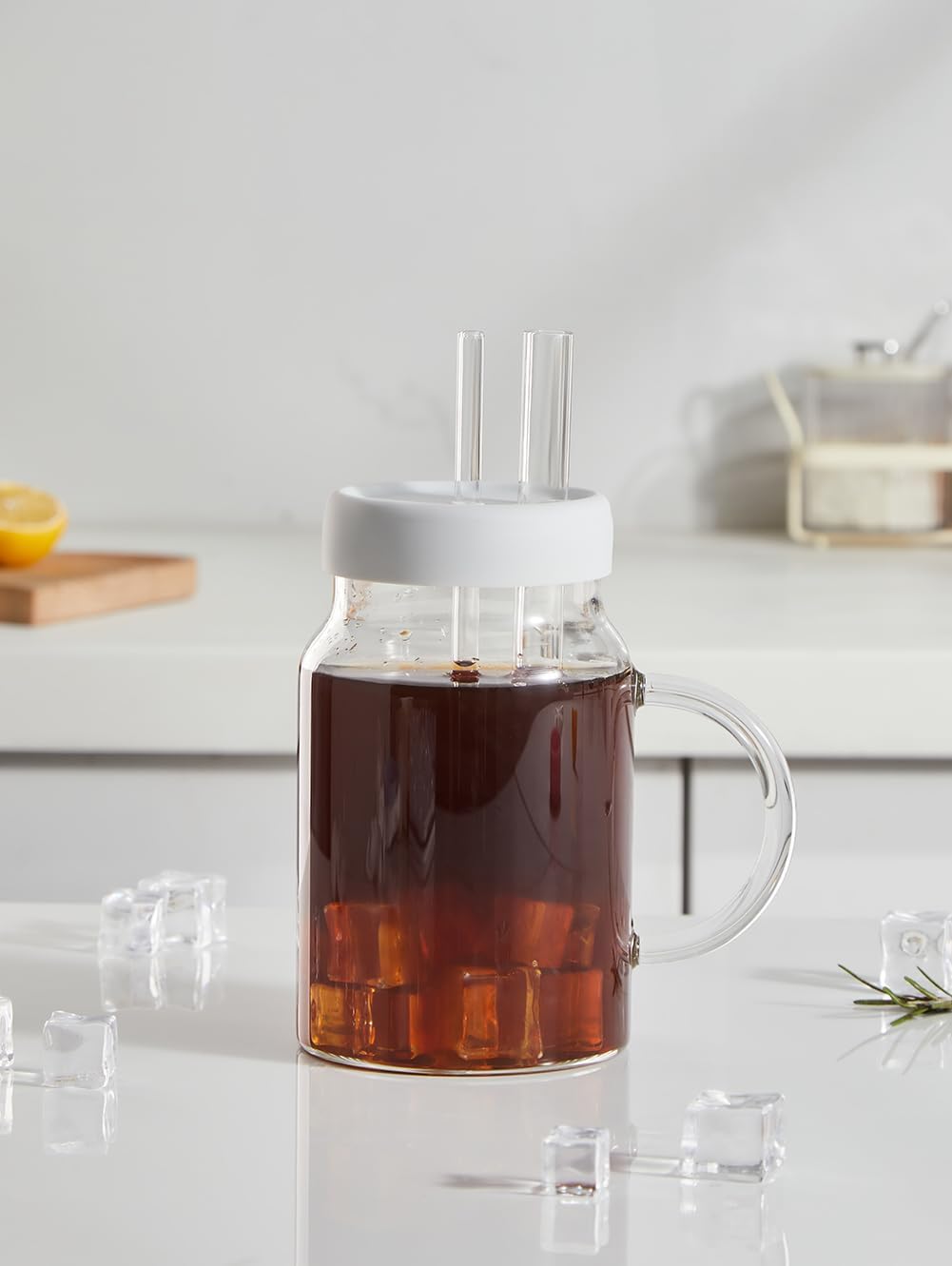 Sweejar Vasos para beber con tapa de silicona y popote de vidrio, taza de vidrio con asa, taza de café helado, botella de agua de vidrio con pajita,