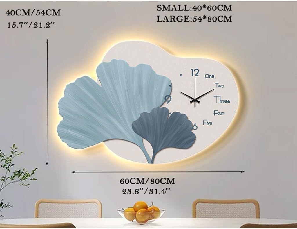 Reloj de pared – Reloj de pared con luz nocturna, silencioso, luminoso, Ginkgo Biloba, arte de pared, pintura decorativa, con control remoto y