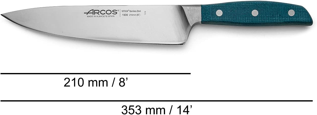 Arcos Cuchillo de chef forjado de acero inoxidable, tamaño 8 pulgadas. Mango profesional de micarta y borde especial de seda y hoja plateada 8.268