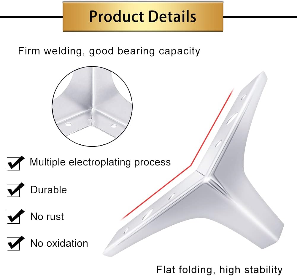 GOSCHE Juego de 4 patas de metal para muebles de 4 pulgadas, patas de sofá plateadas pulidas cromadas, patas triangulares de repuesto de estilo