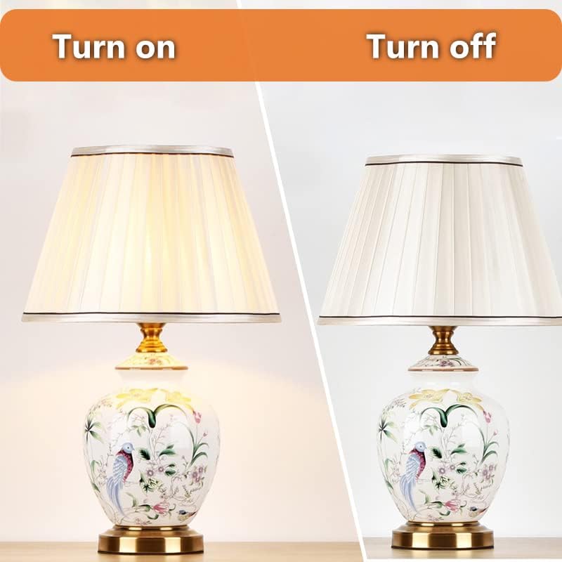 Chinoiserie – Lámpara de mesa de cerámica, lámpara de noche LED con flores americanas y pájaros, pantalla clásica de tela blanca para escritorio,