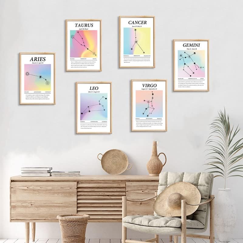 Juego de 6 pósteres de arte de pared impresos en lienzo de doce constelaciones, decoración de pared de astrología, decoración estética de