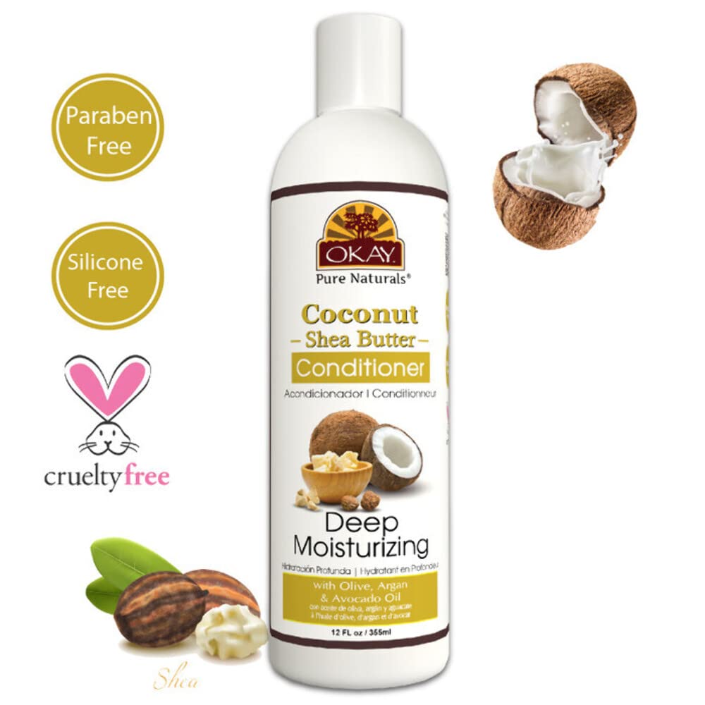 OKAY  Acondicionador de coco y manteca de karité  Para todo tipo de cabello y texturas  Fortifica – Fortalece – Revitaliza  Con aceite de oliva,