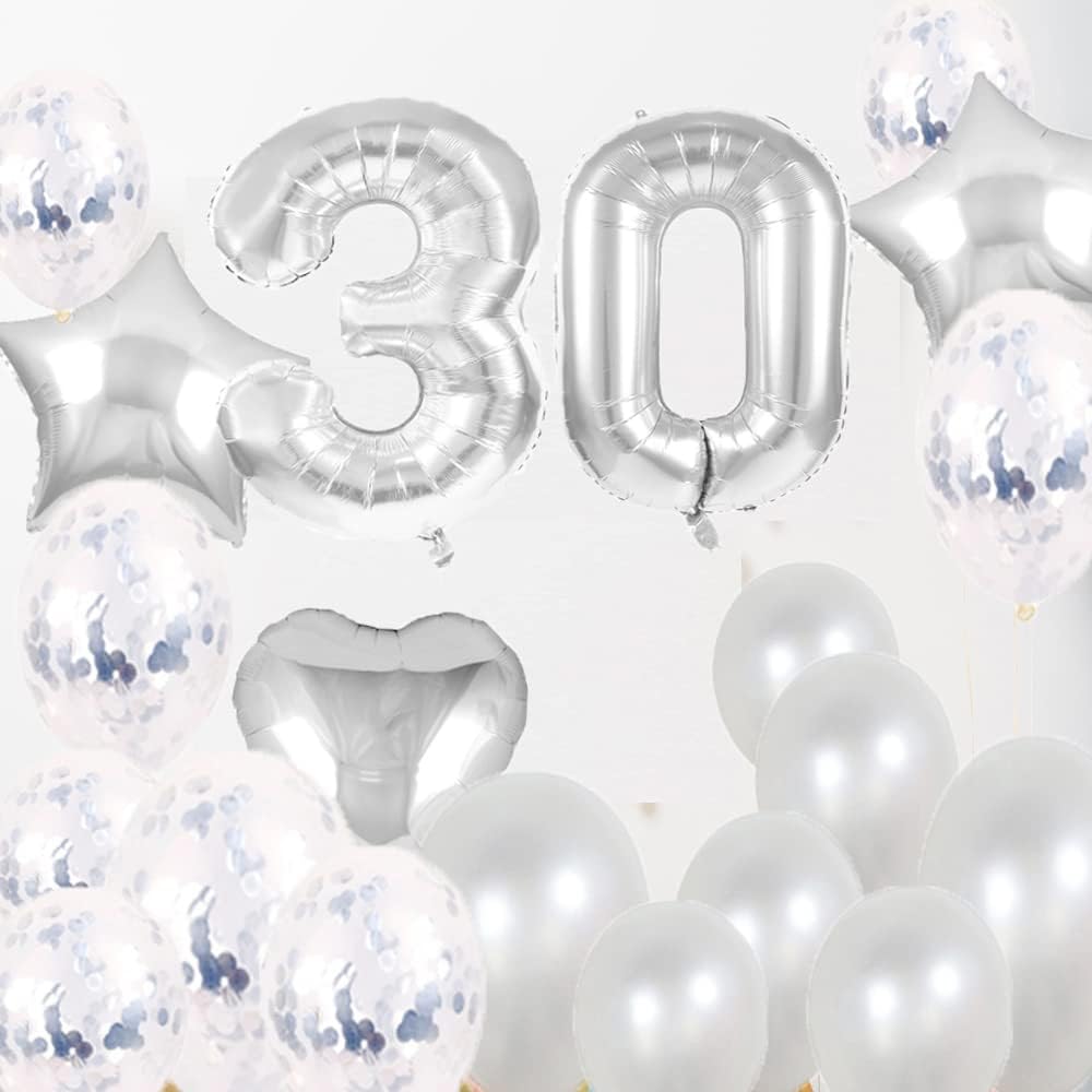 Decoraciones de cumpleaños número 30, suministros de fiesta, globos plateados del número 30, globos de aluminio de Mylar de 30  decoración de globos