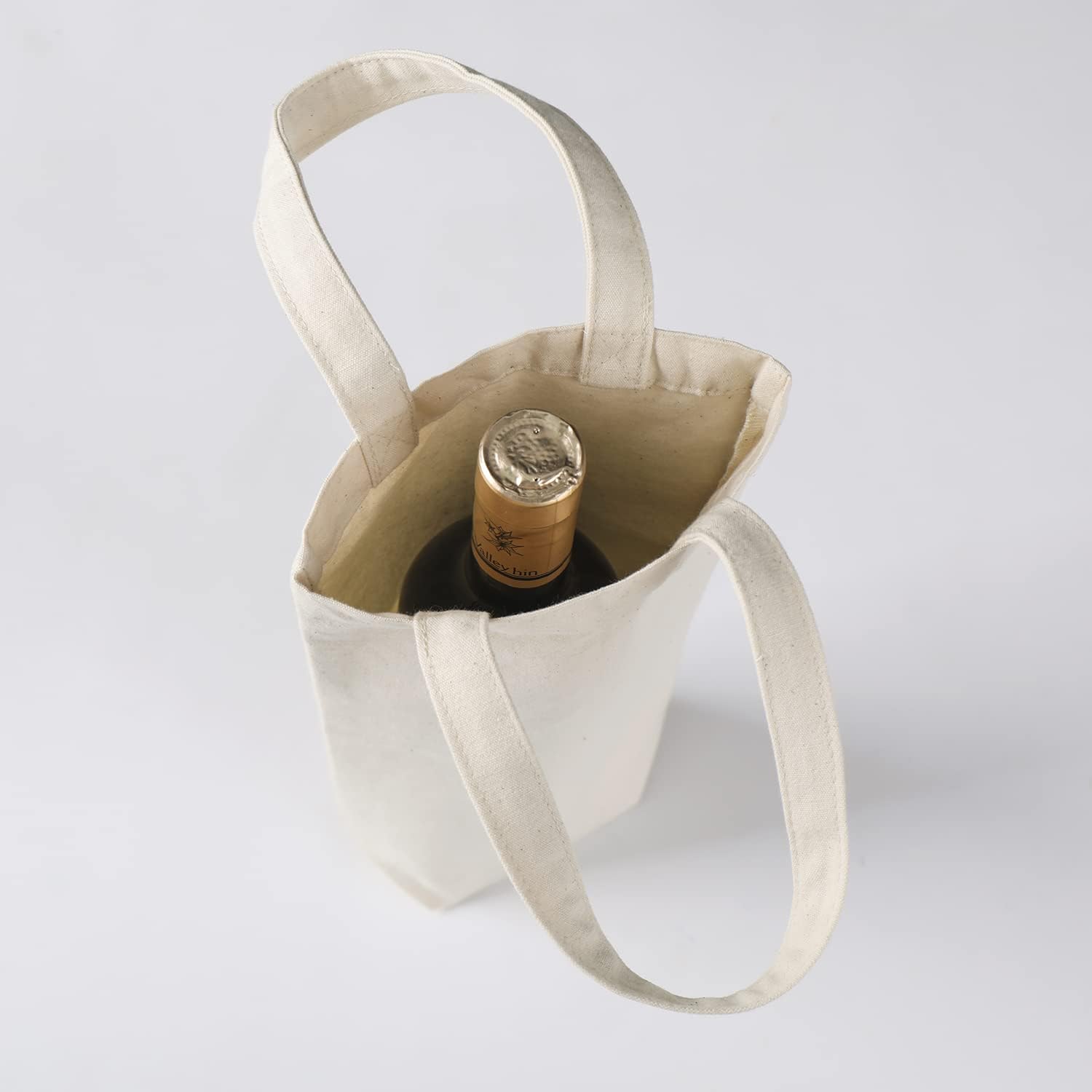 Bolsa de vino, 10 x 7 x 2 pulgadas, 4 bolsas reutilizables de lona de algodón con etiqueta de cordón, Gris