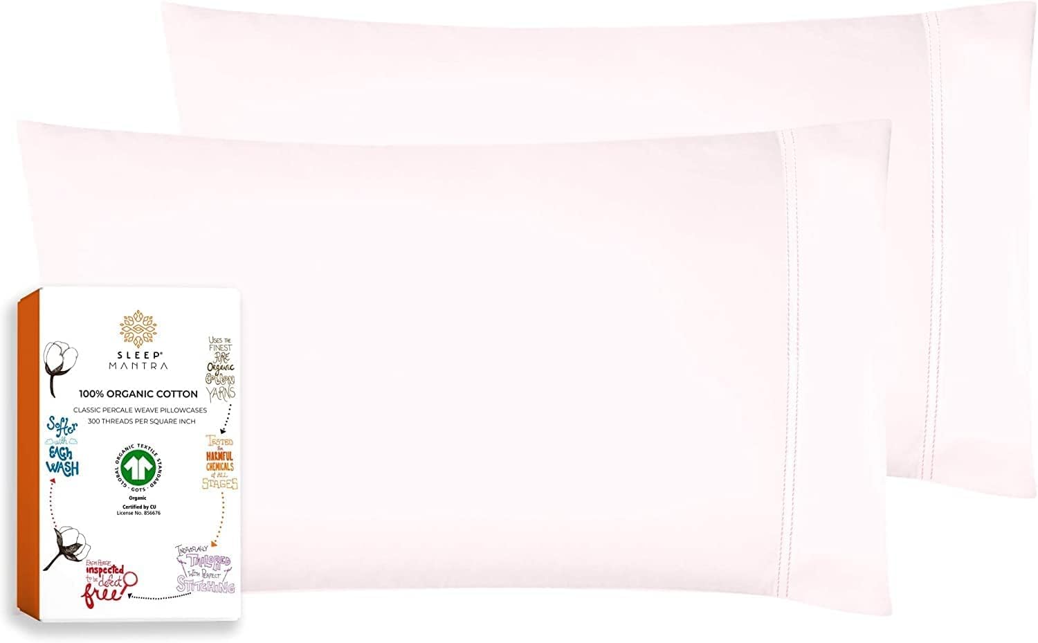Sleep Mantra – Juego de 2 fundas de almohada de algodón 100% orgánico, suaves y frescas, con tejido de percal refrescante, transpirable (tamaño