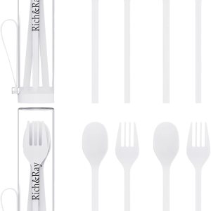 Juego de utensilios de viaje con estuche, accesorios de pícnic reutilizables, tenedor y cuchara, juego de cubiertos ecológicos sin BPA para niños y Juego de utensilios de viaje con estuche, accesorios de pícnic reutilizables, tenedor y cuchara, juego de cubiertos ecológicos sin BPA para niños y