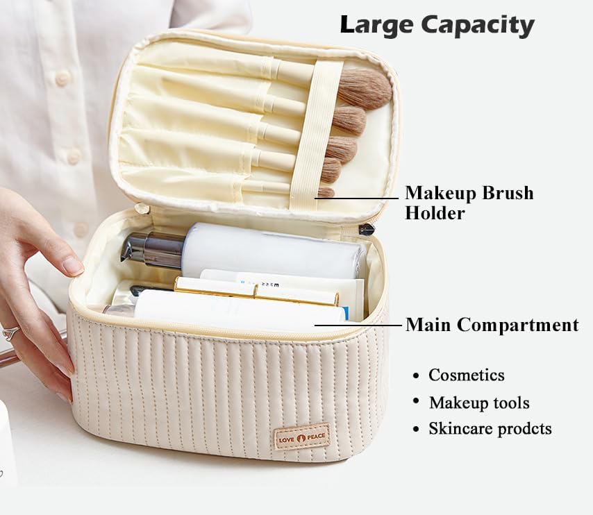 kamumanni Bolsa de maquillaje de viaje, estuche de cosméticos con soporte para brochas de maquillaje, organizador portátil de piel sintética para
