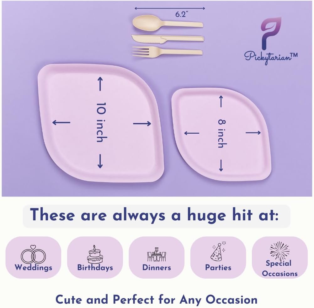 Platos desechables de color morado elegante para fiestas y eventos de boda  Juego de 50 platos y cubiertos de bambú de primera calidad (10 de cada