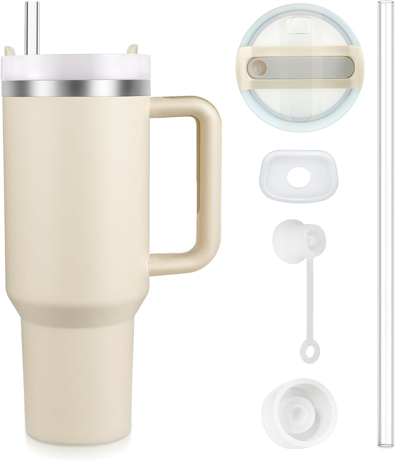 Vaso aislado al vacío de acero inoxidable de 40 onzas con tapa y popote para agua, batidos y más, té helado o café (crema)