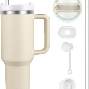 Vaso aislado al vacío de acero inoxidable de 40 onzas con tapa y popote para agua, batidos y más, té helado o café (crema) Vaso aislado al vacío de acero inoxidable de 40 onzas con tapa y popote para agua, batidos y más, té helado o café (crema)