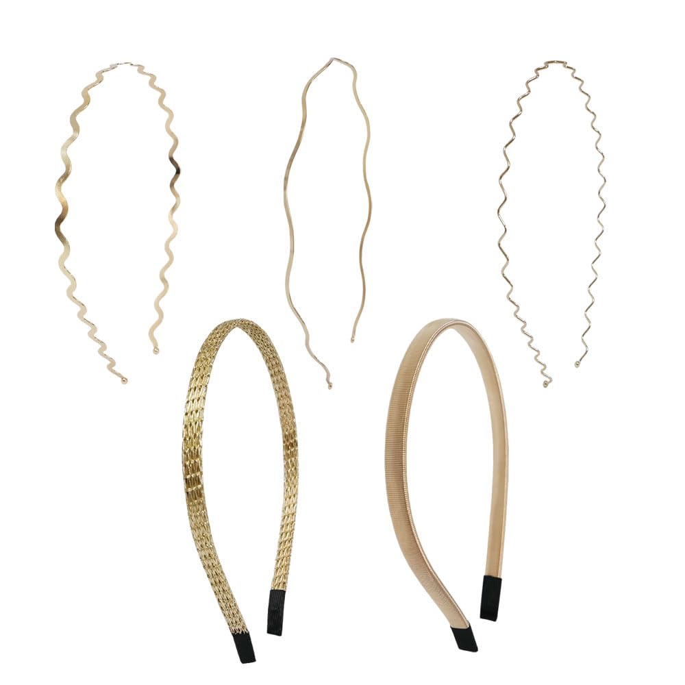 5 diademas de metal dorado para mujer, aro fino para el cabello, simple, ondulado, brillante, brillante, accesorios para el cabello antideslizantes