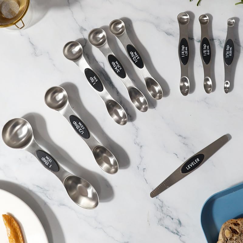 Juego de 9 cucharas medidoras magnéticas, cucharas de cocina de acero inoxidable con medida para medir ingredientes secos y líquidos