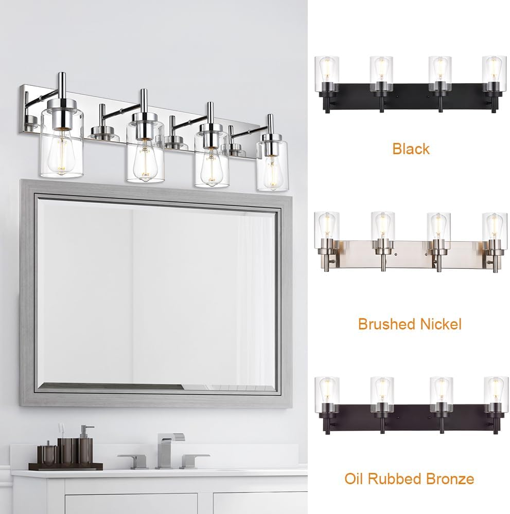 VINLUZ Iluminación de baño moderna con pantalla de vidrio transparente Lámparas de tocador de 4 luces Apliques industriales de pared con acabado