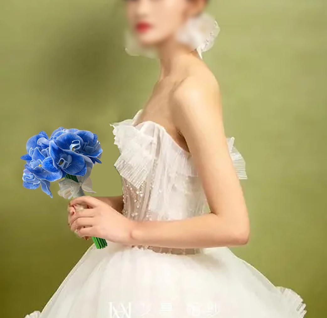 20 piezas de orquídeas artificiales azules para centros de mesa de velas flotantes, cabeza y tallo de flores sintéticas, ramo de manualidades para