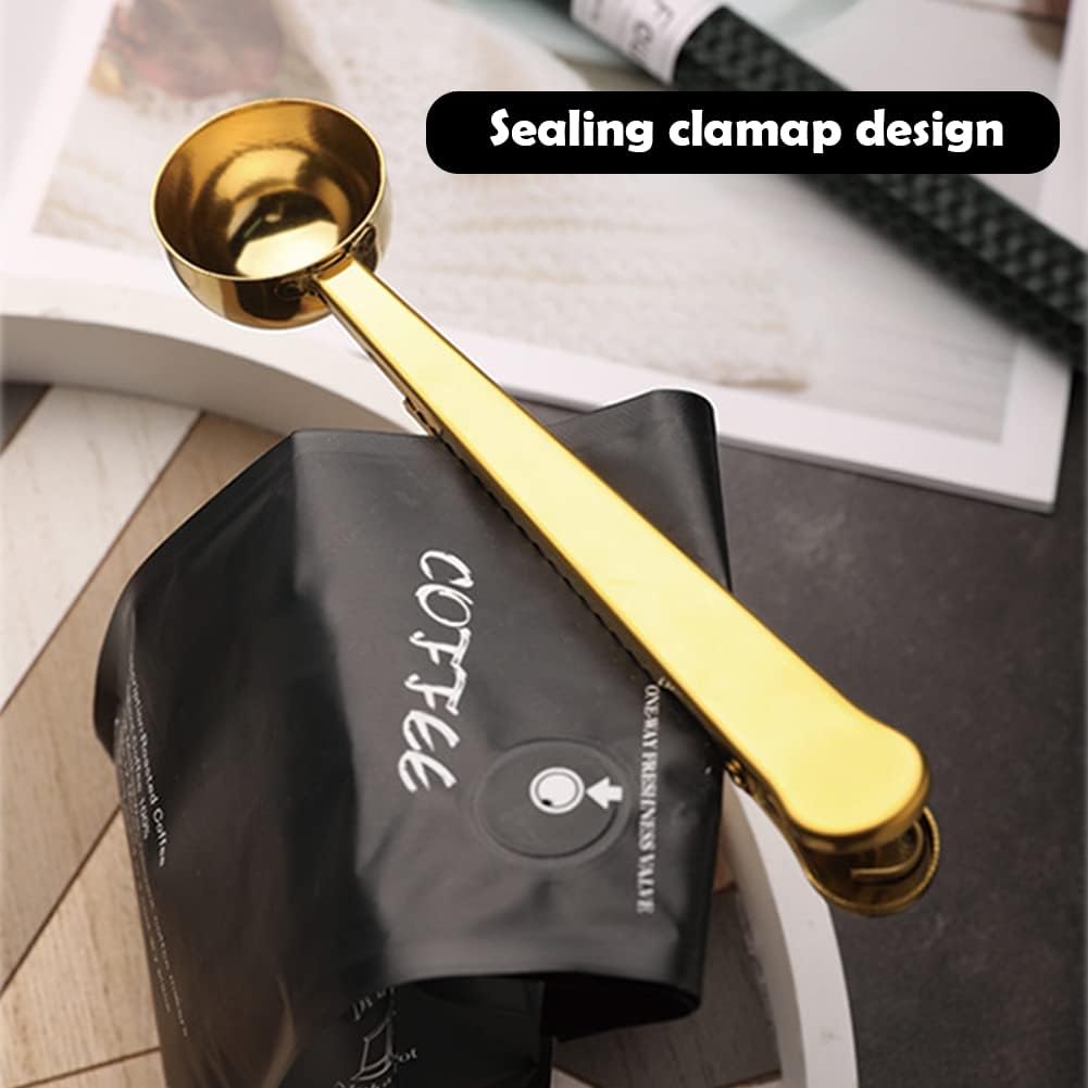 Clip de cuchara de café, cucharada de acero inoxidable, cuchara medidora de café, clip de bolsa de sellado para té, café (dorado)