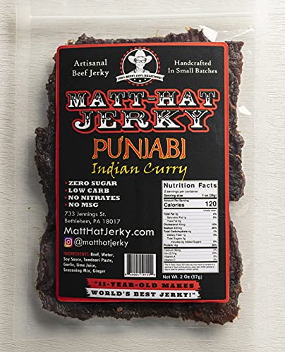 Matt-Hat Punjabi Indian Curry – Carne seca artesanal hecha con salsa de soja, pasta tandoori y carne halal, baja en carbohidratos y sin gluten, sin