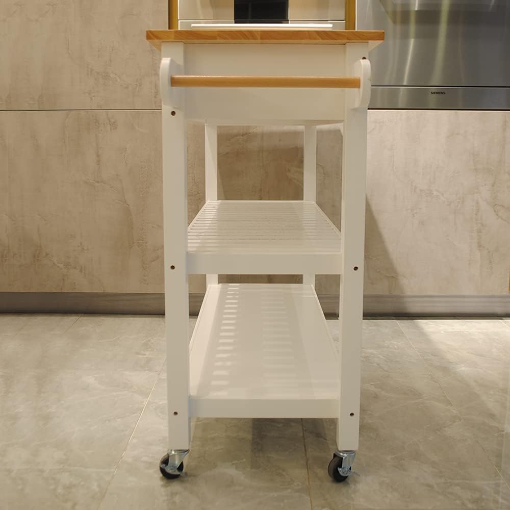 Isla de cocina rodante y carrito de cocina con 2 cajones, 2 estantes de almacenamiento, toallero y dos ruedas giratorias con bloqueo, mesa de