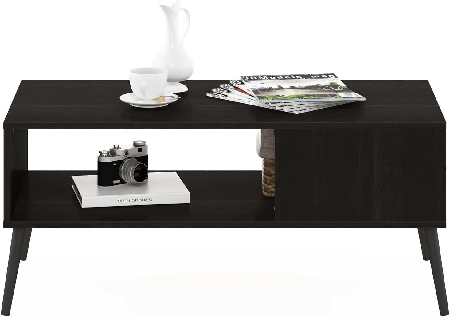 Furinno Claude – Mesa de centro estilo mediados de siglo con patas de madera, color espresso grande sin elevación