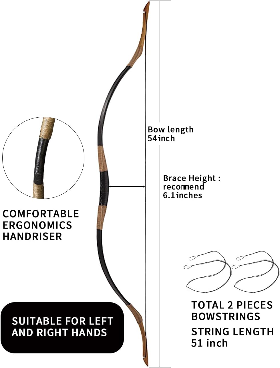 Juego de arco recurvo tradicional para adultos, juego de arco y flecha de caza para principiantes con 5 flechas de carbono para práctica
