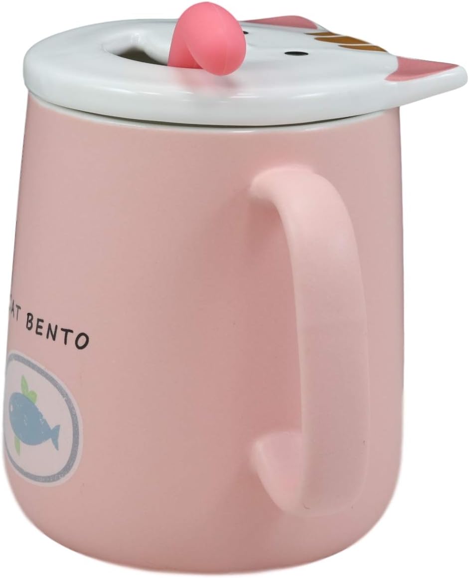 Ebros – Taza de café de porcelana con mango en forma de lengua, cuchara y tapa de cara sonriente, taza de café o té de porcelana, 14 onzas, para