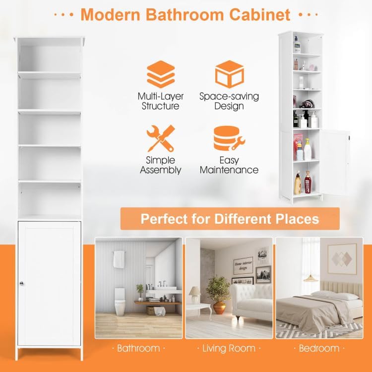 Safeplus Gabinete de almacenamiento de baño de 72 pulgadas de alto, organizador de torre independiente con estantes ajustables y puerta (blanco)