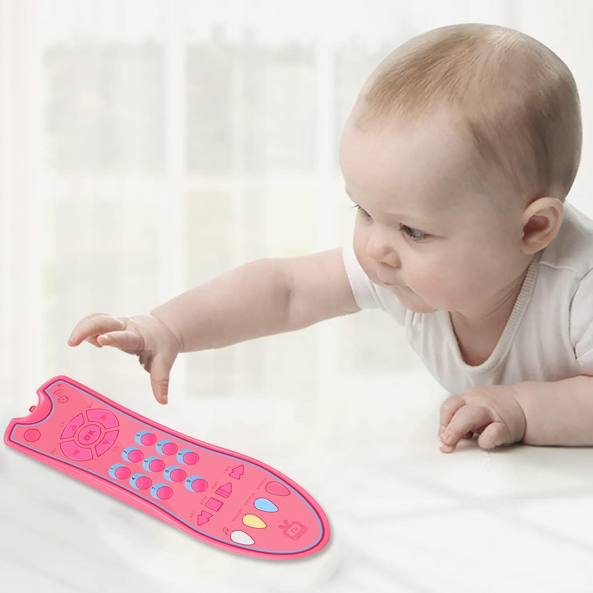 Juguete de control remoto de TV para bebés con luz y sonido, juguete de control remoto realista para niños con inglés, francés, español 3 idiomas,