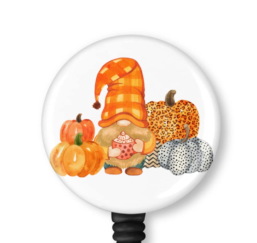 Cute Fall Gnome with Pumpkins Badge Reel Nurse Medical ID Holder Retractable Badge Holder 1.5 Inch Button (Black, Belt Clip) (White, Alligator Clip)