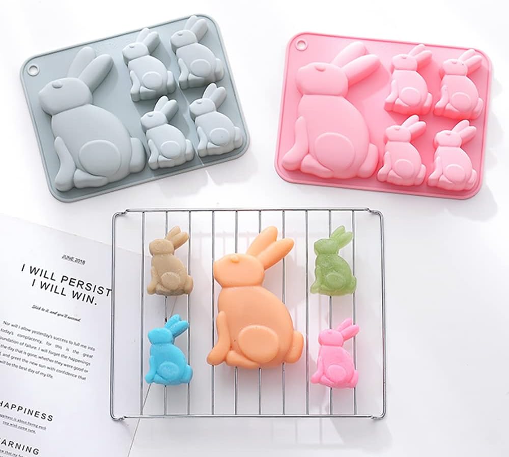 Juego de 2 moldes de chocolate con diseño de conejo de Pascua, molde de silicona 3D para hornear golosinas de Pascua, chocolate, pastel, gelatina,