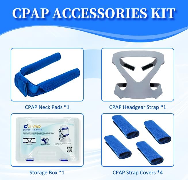 Nataku Suministros CPAP 3 en 1, incluye correas de repuesto CPAP, paquete de 4 fundas para correas de CPAP, cojines para el cuello y caja de
